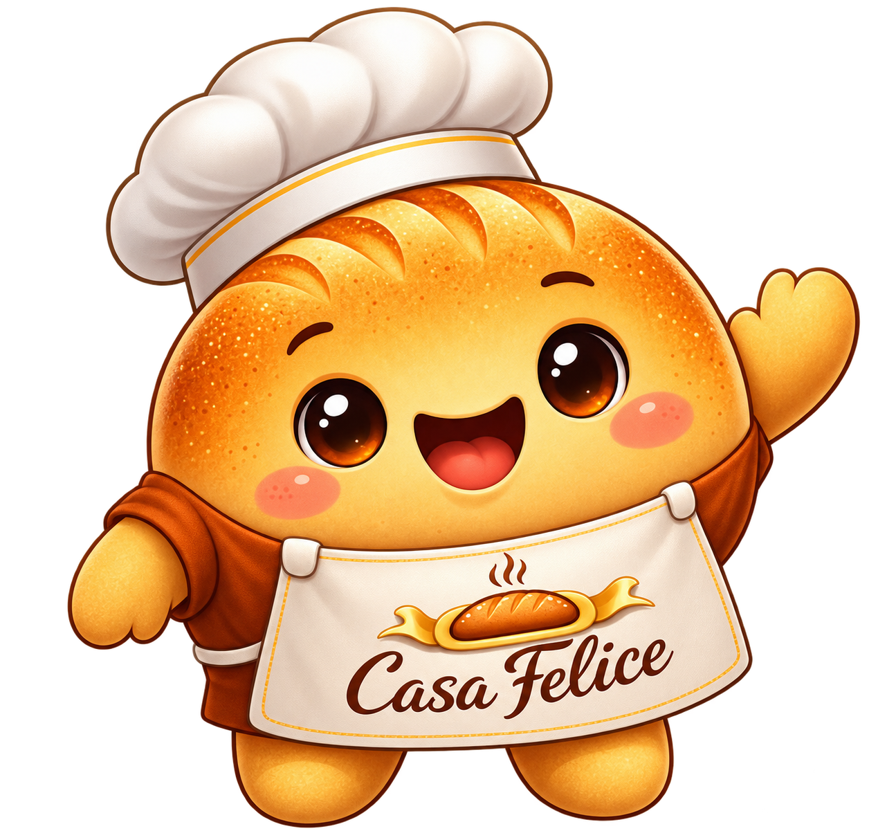 Felicinho, mascote da Casa Felice: um pãozinho sorridente com chapéu de padeiro